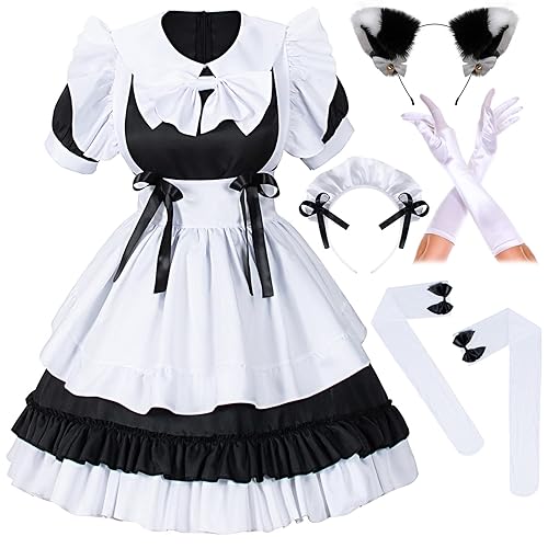 Girl Sweet Kawaii Costume Dress Anime French Maid Cosplay Furry Cat Ear Gloves Socks Set - Medium - Black-white