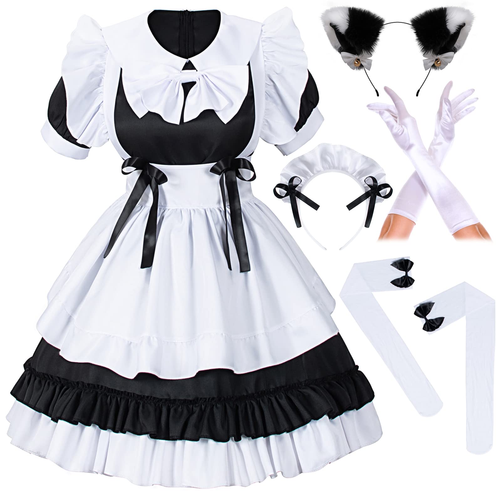 Irtysh Girl Sweet Kawaii Costume Dress Anime French Maid Cosplay Furry Cat Ear Gloves Socks set