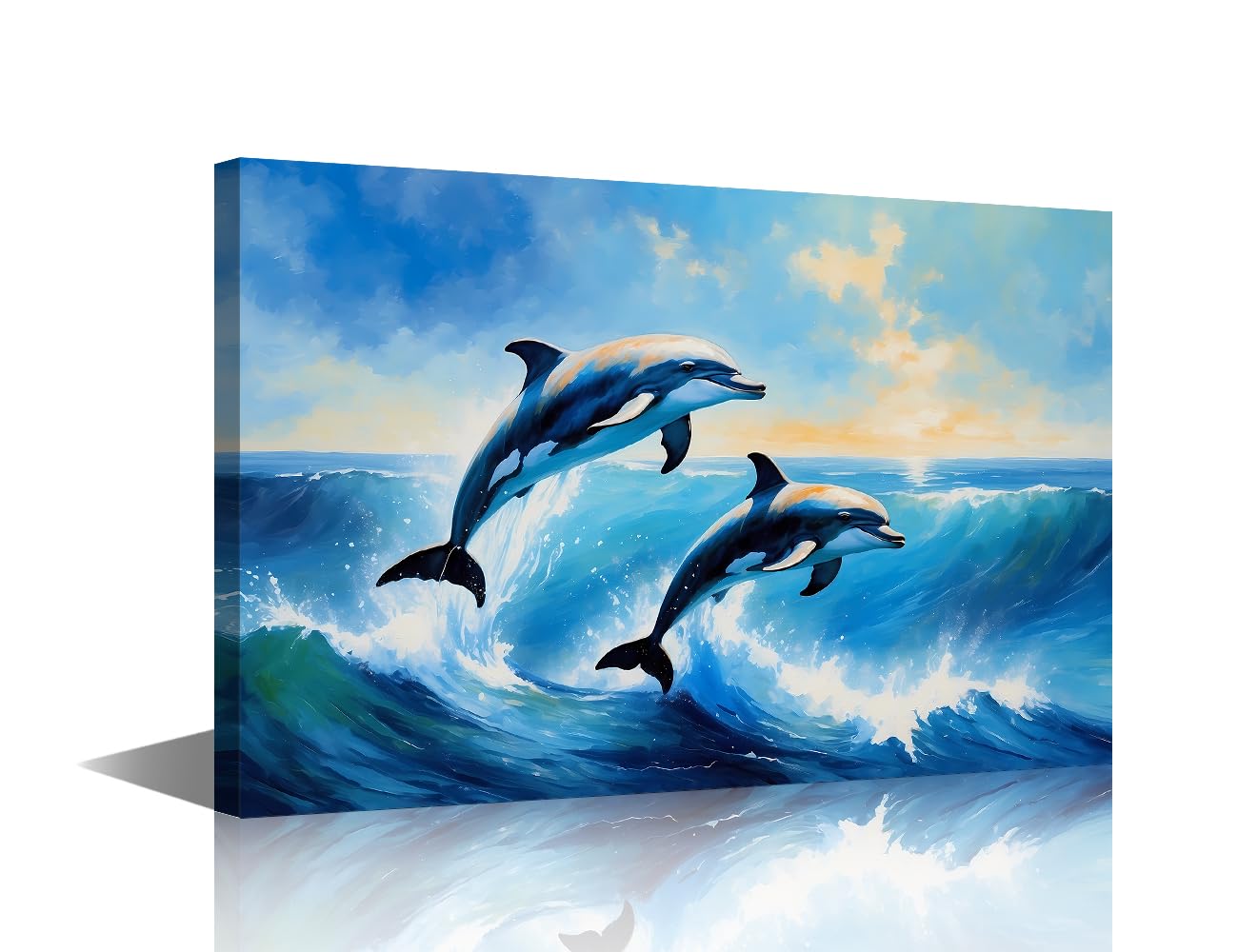 TISHIRON Canvas Wall Art Dolphin Jumps Out of The Water Wall Decorations for Room Decor 1 Piece Oil Painting Style Sea Animals Wall Art Prints Framed Ready to Hang (12x18 inch)