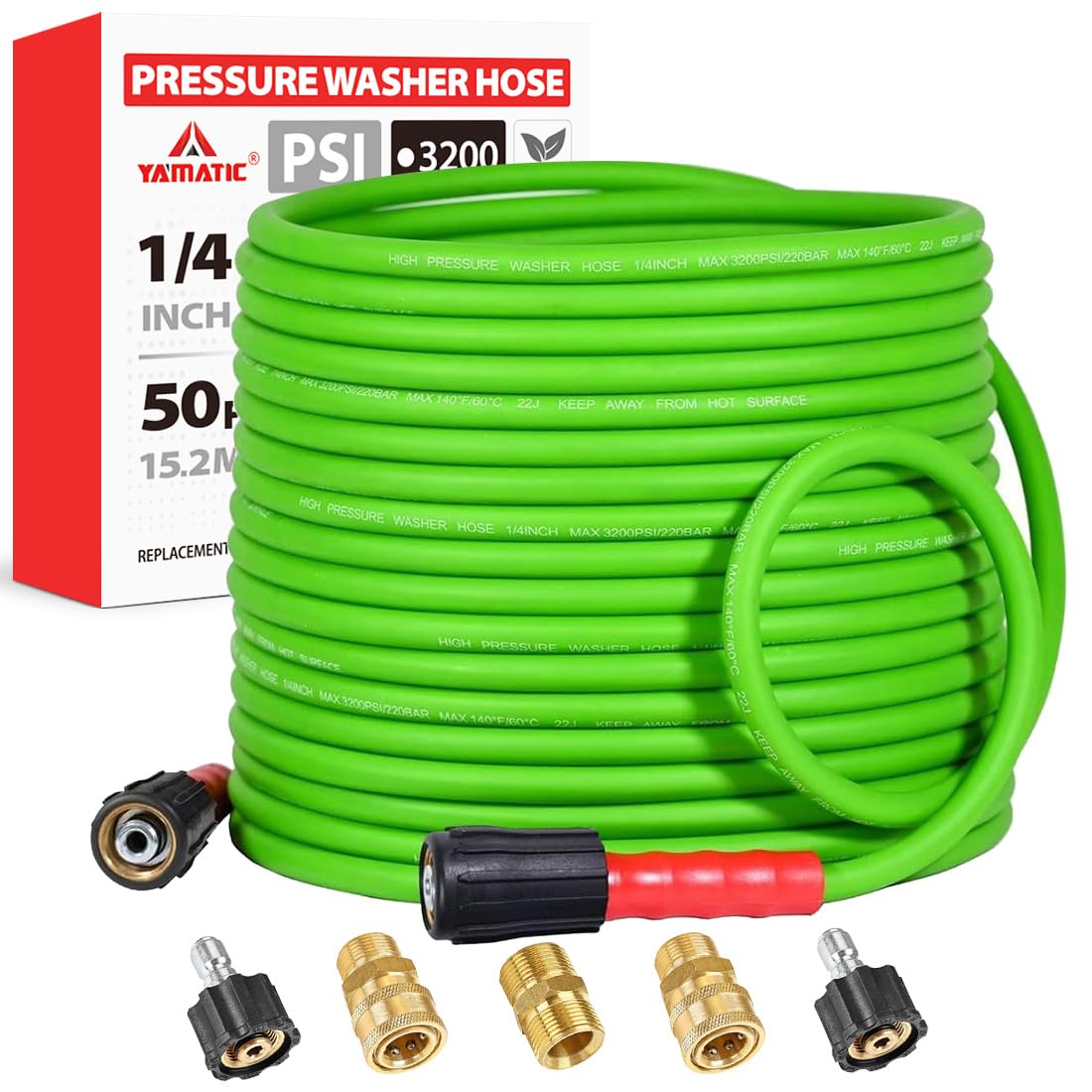 Photo 1 of YAMATIC Super Flexible Pressure Washer Hose 50FT for Power Washer Replacement, Kink Resistant Extension With Leak-Free M22 Female & 3/8" Quick Connect Adapters, 1/4" 3200 PSI, Green