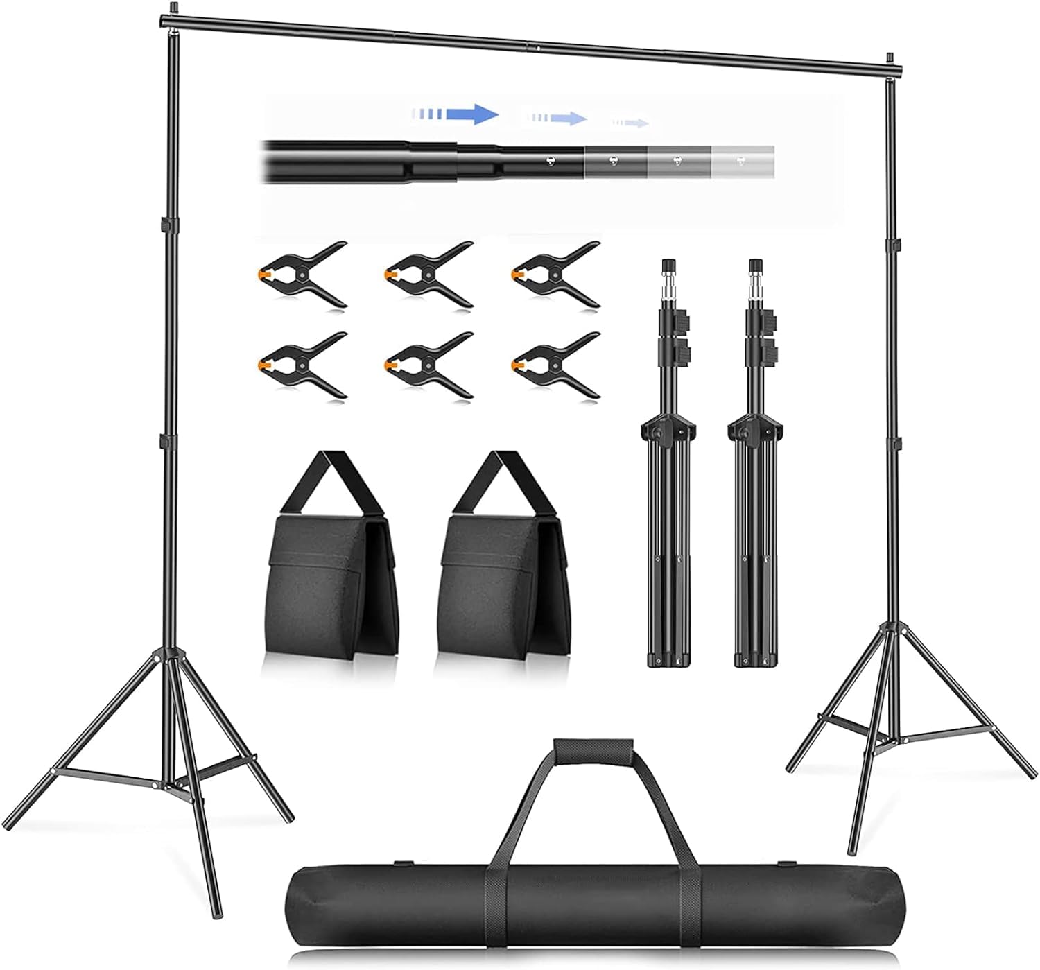 TDOO Adjustable Photo Backdrop Stand 10ft x 7ft/ 3x2m, Stretch Photo Studio background Support System for Wedding Parties Portrait Photography Background stand with 4 Crossbars, 6 Clamps, 2 Sandbags