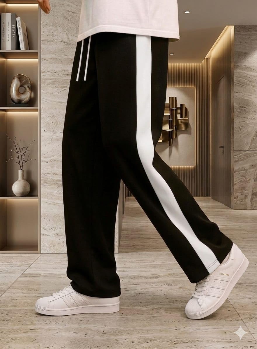 Men's Track Pants with Side Stripe, White with Black Stripe, Cotton Blend, Elastic Waistband with Drawstring, Straight Leg-picture-38