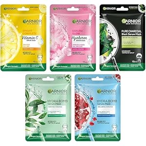 Skin Naturals, Garnier Face Serum Sheet Mask, Pack of 5 (Light Complete, Sakura, Blue, Green Tea, Charcoal)