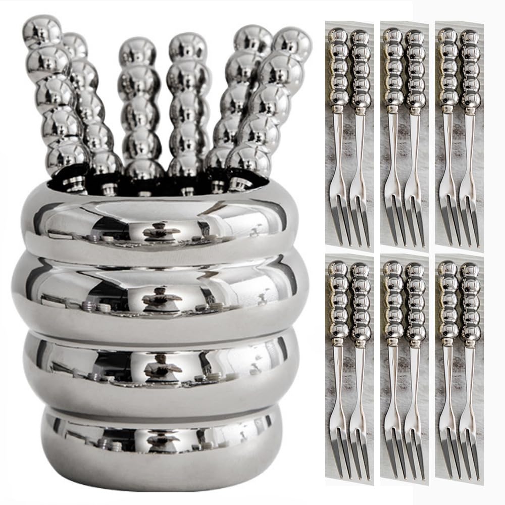 12 Pieces Pearl Fruit Fork Set for 12 People, Creative Dazzling Ceramic Storage Jar Household Stainless Steel Fork Fruit Fork Jar (With cans,Silver)