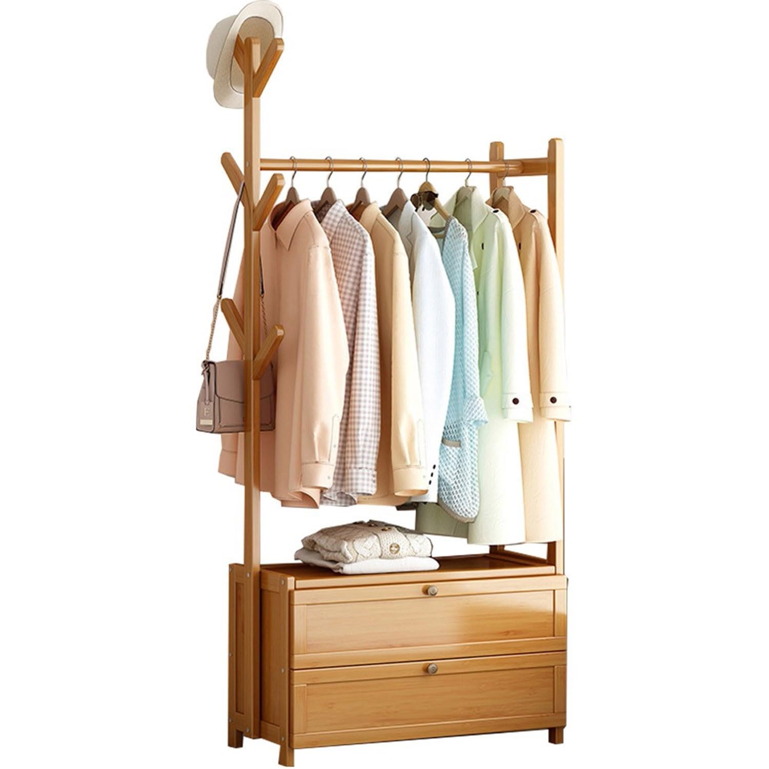 Bamboo Coat Rack for Hanging Clothes,3-in-1 Bamboo Clothes Rail with Hooks with Drawer,Open Wardrobe Coat Stands for Entryway, Bedroom, Bathroom and Office, 50/70 * 30 * 158cm