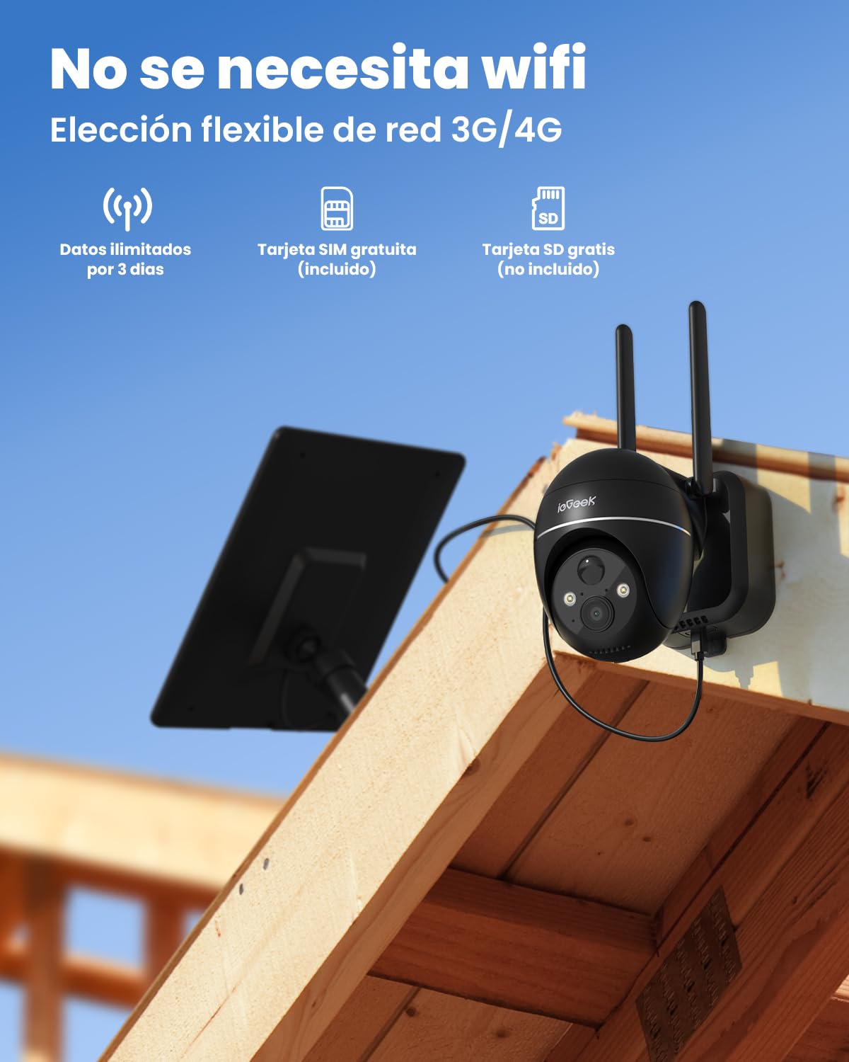 ieGeek 4G/3G LTE Cámara Vigilancia Exterior Solar Inalámbrica, 2K IP Cámara con Batería 10000mAh, PTZ 355°＆120°, Incluye Tarjeta SIM y Tráfico de Prueba, Visión Nocturna Color, Detección Humana PIR