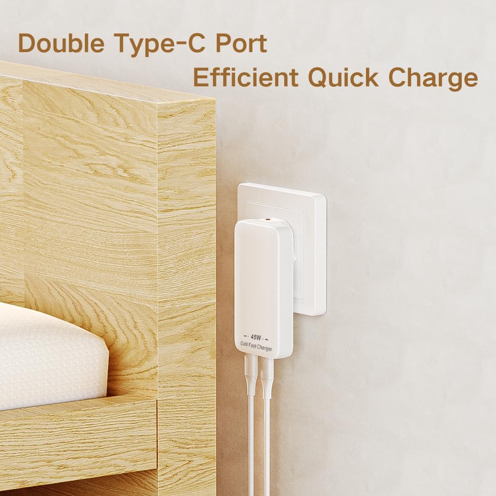 Ładowarka USB C 45W, płaska ładowarka ścienna USB, ultracienki zasilacz do iPhone'a 14 15 16 17 Pro/Max Samsung Galaxy, szybkie zasilanie PD z USB-C USB-A (2*USB-C)