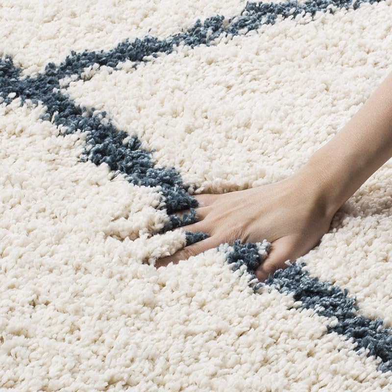 Image of FIASCO Polyester Shaggy Bedside Runner, Soft Indoor Modern Shaggy, Soft Rugs for- Living Room, Dinning Room, Office, Bedroom & Hallway Carpet Rugs Size 3X6 Ivory Blue Box