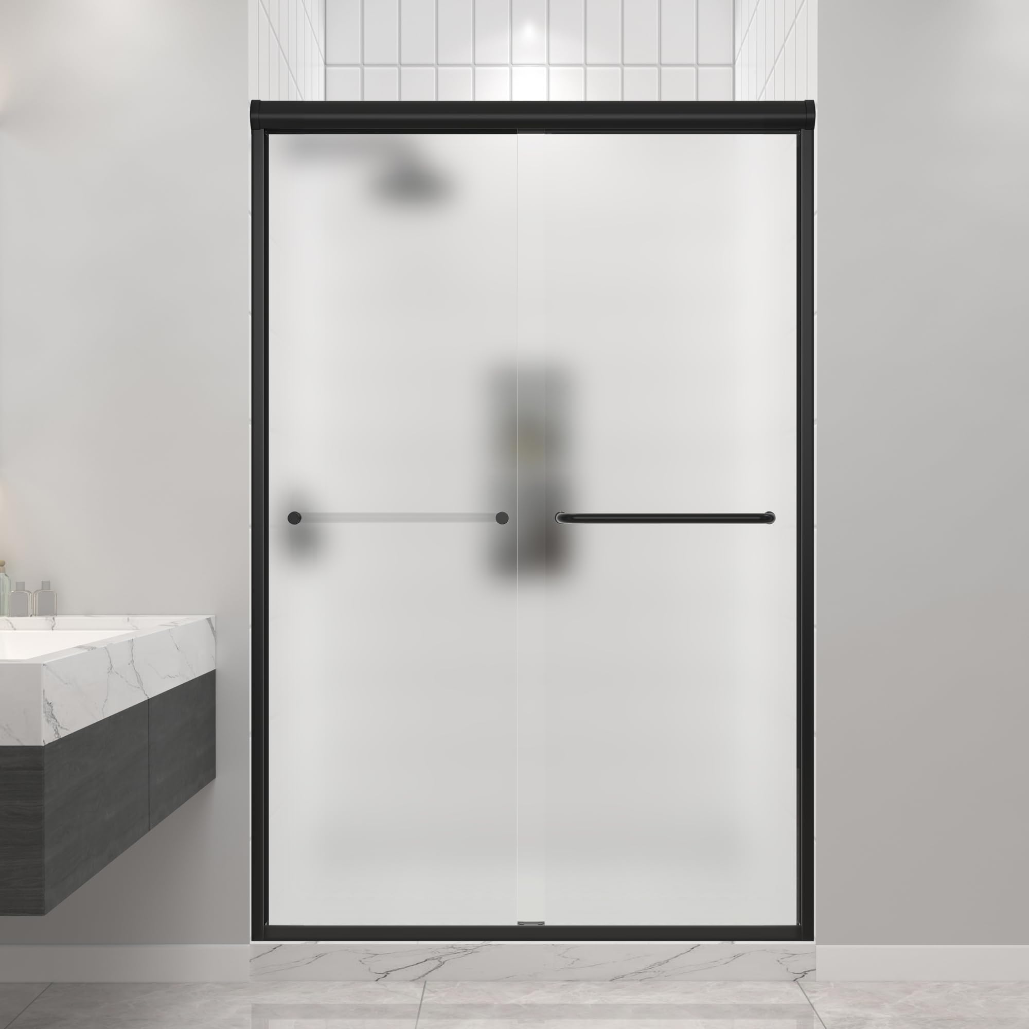 Photo 1 of *** SIMILAR NOT EXACT *** FELYL Frosted Double Sliding Shower Door 43-48" W x 72" H, Matte Black, Bypass Shower Door, Framed, 1/4" (6mm) Tempered Glass
