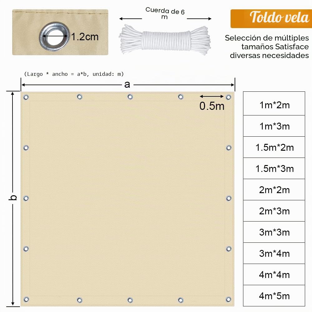 Toldo Vela Rectangular Impermeable, Vela Sombra Rectangular, 95% UV Resistente, Vela De Sombra Exterior, Toldos Exterior Terraza, Toldo Rectangular para Balcon Patio Jardín Césped(1 * 3m,Color Crema)
