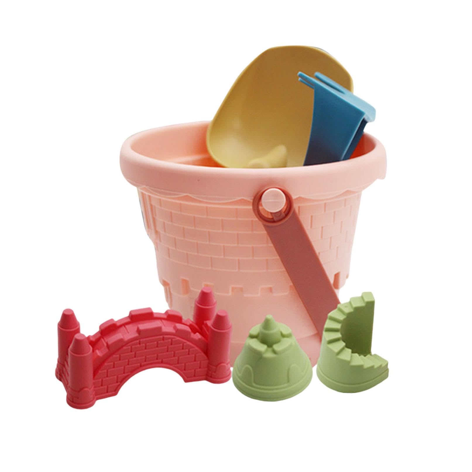 6Pcs Beach Toys Set for Kids, Funny Bucket and Spade Beach Set, Multiple Sand Toys Include Bucket, Shovels and Castle Molds, Ideal for Summer Holiday Beach Activities and Creative Development (E)