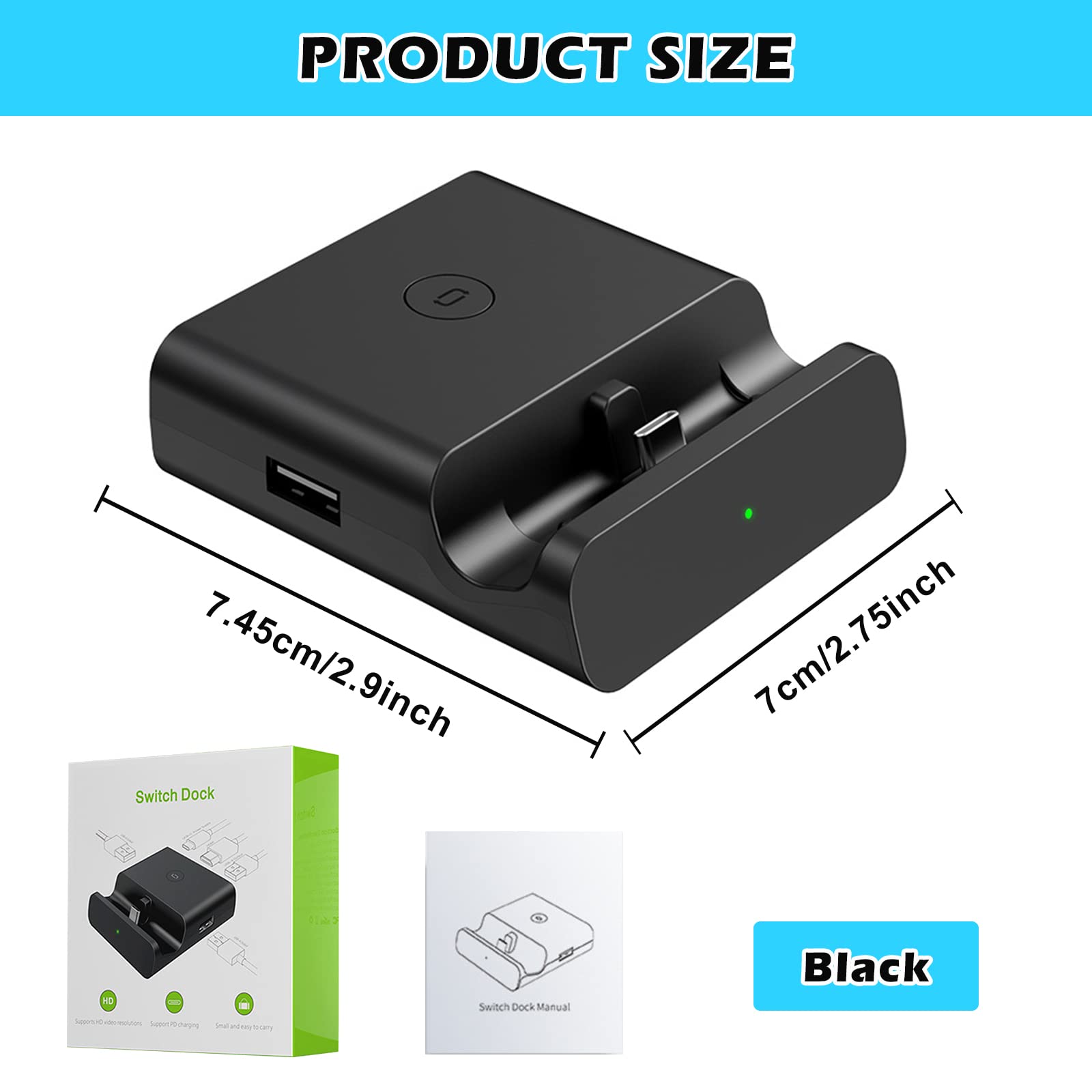 Station d'accueil Switch Dock avec adaptateur de type C vers HDMI, station de charge portable, station d'accueil Switch TV, station d'accueil pour Switch (noir)