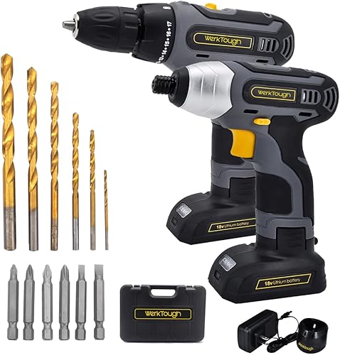 Juego de taladro inalámbrico de 20 V y destornillador de impacto, kit combinado de taladro de batería de 14 pulgadas con 2 baterías de 2.0 Ah,