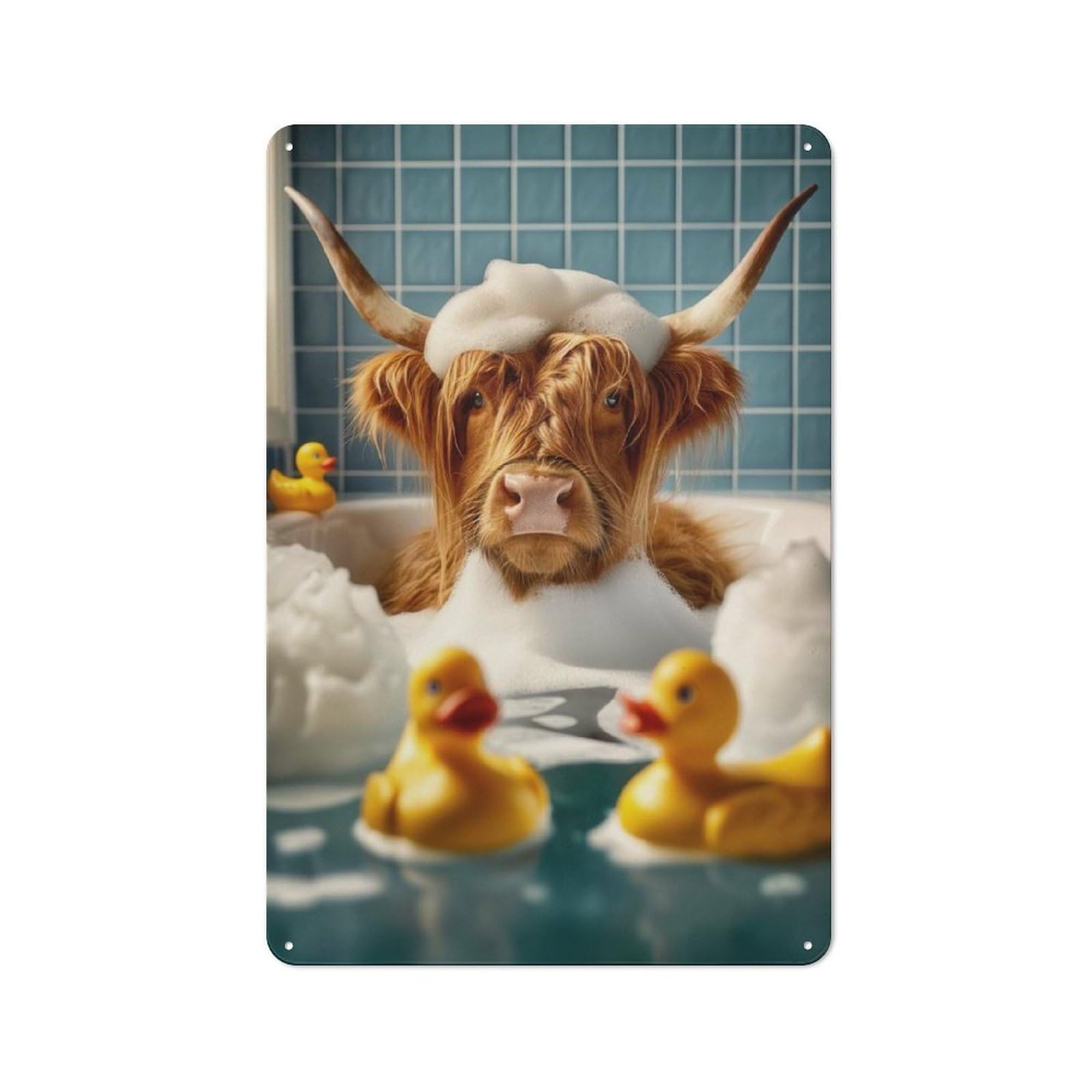 Junmoney Style-15 Rustic Tin Sign 30X20cm Featuring Highland Cow In The Bath For Living Room Wall, For Room Styling Across Living Rooms And Feature Walls