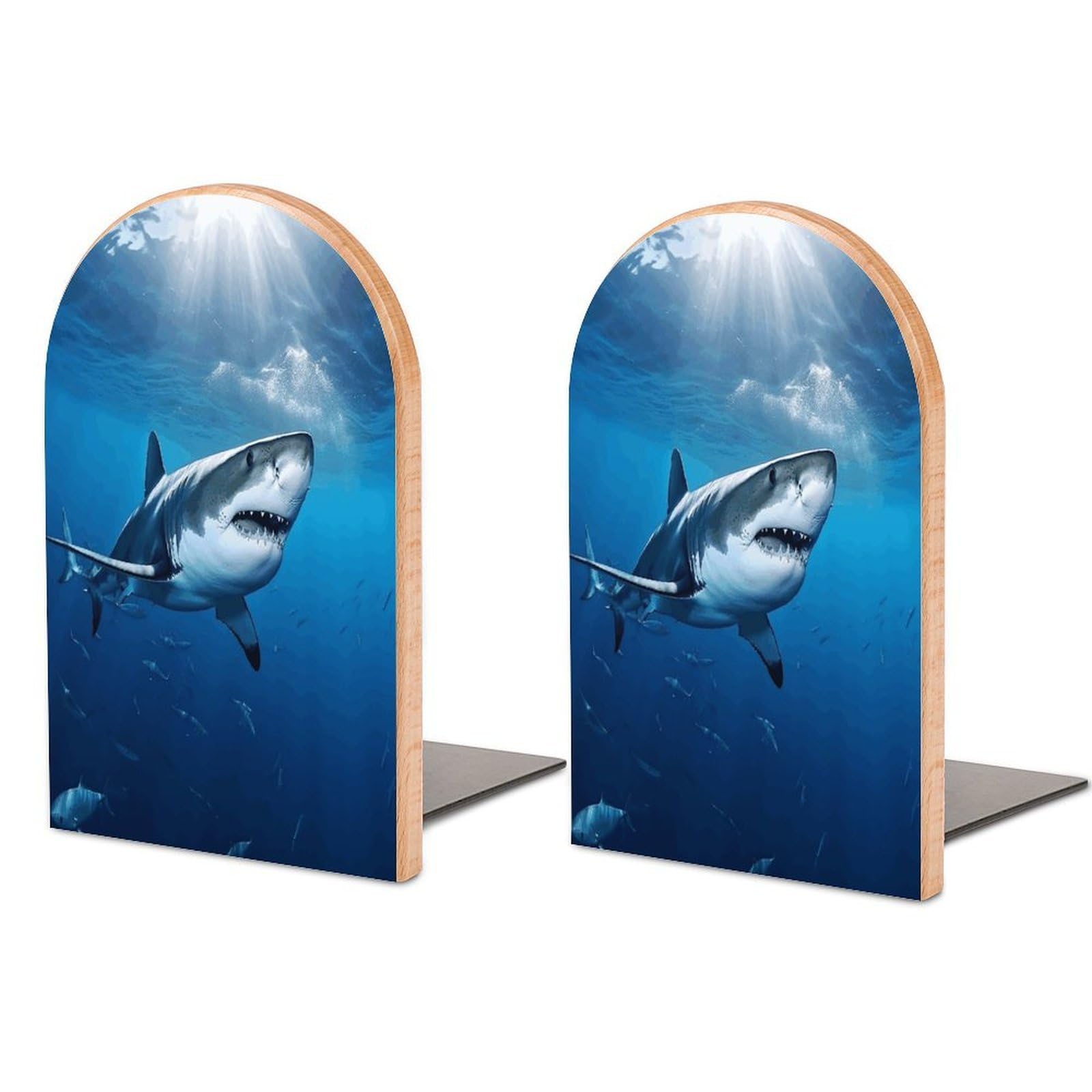 Ocean Sea Animal Shark Bookends Modern Bookends for Shelves Fashion Heavy Duty Book Stopper Sturdy Non-Skid Metal Base Wood Book Ends for Library Home Office 1 Pair
