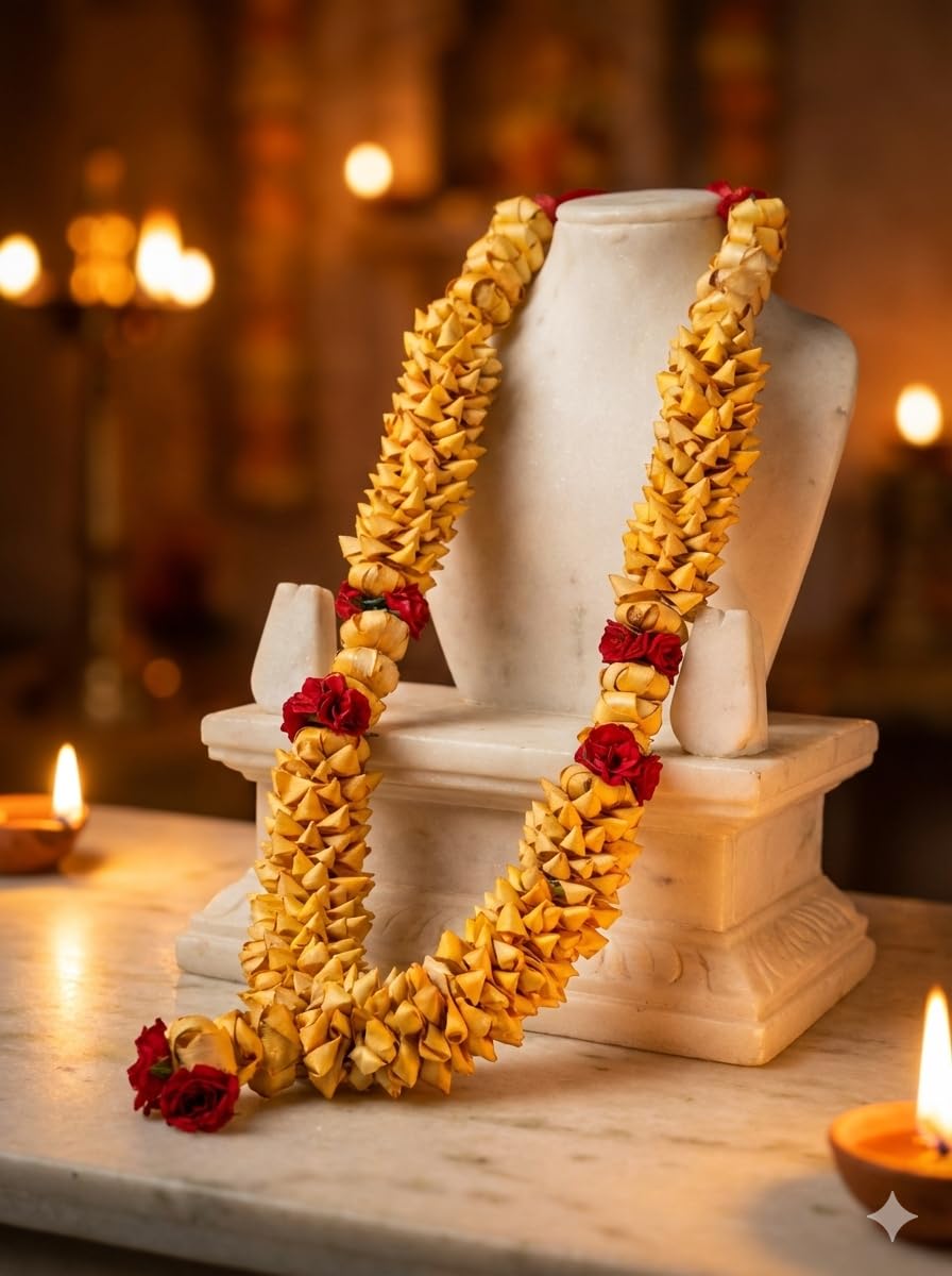 RDK Sandalwood Wooden Photo Frame Haar Mala | Chandan Scented Wooden Garland for God, Pooja Room, Premium décor Ancestor & Pitra Photos (Red Floral Wooden Chips, 20 inch (50 cm))-image-23