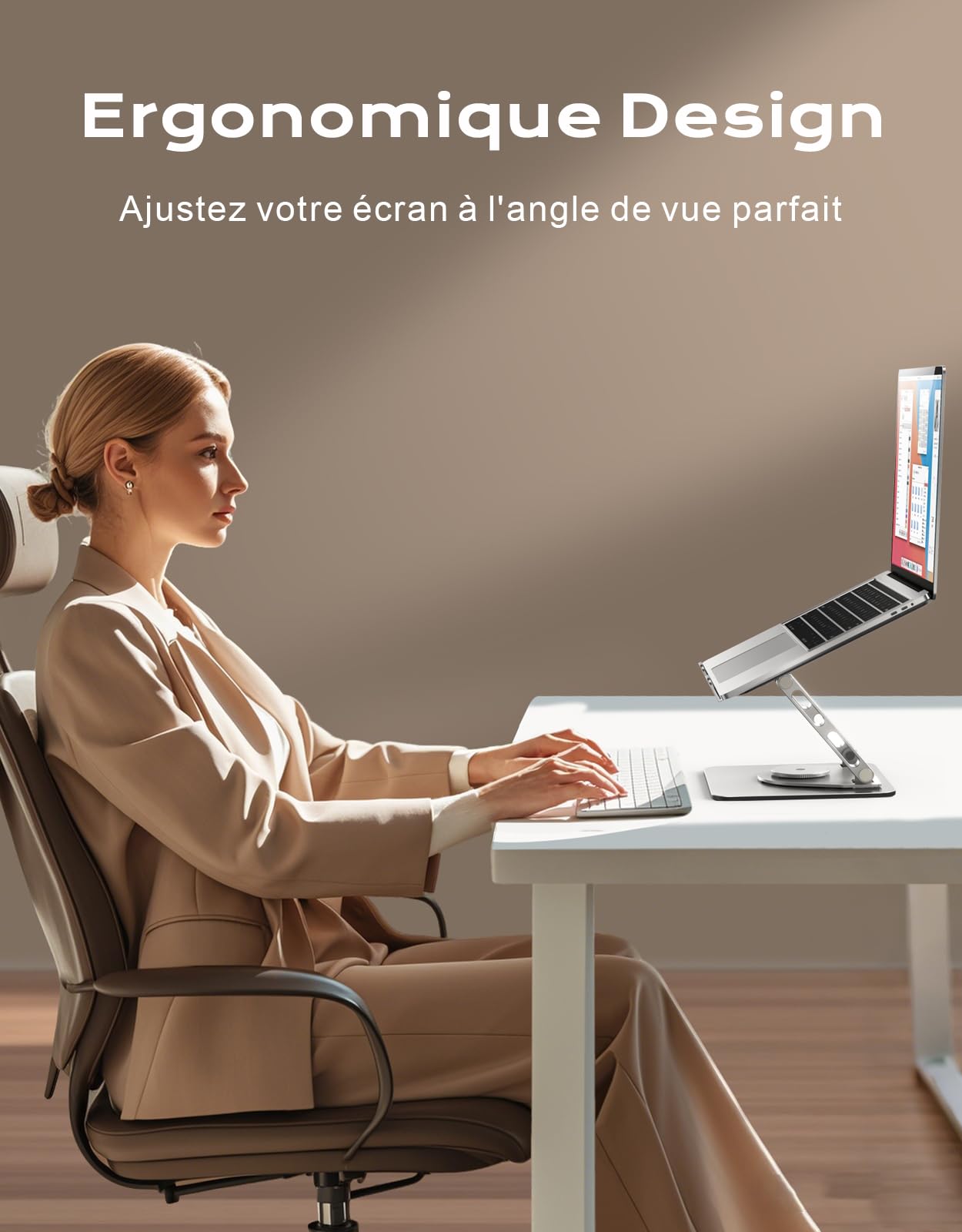 Support Ordinateur Portable Pivotant 360° Double Barres Réglables Ergonomique Refroidisseur Laptop Stand Silicone Antidérapant Compatible MacBook Air Pro 10"-16"