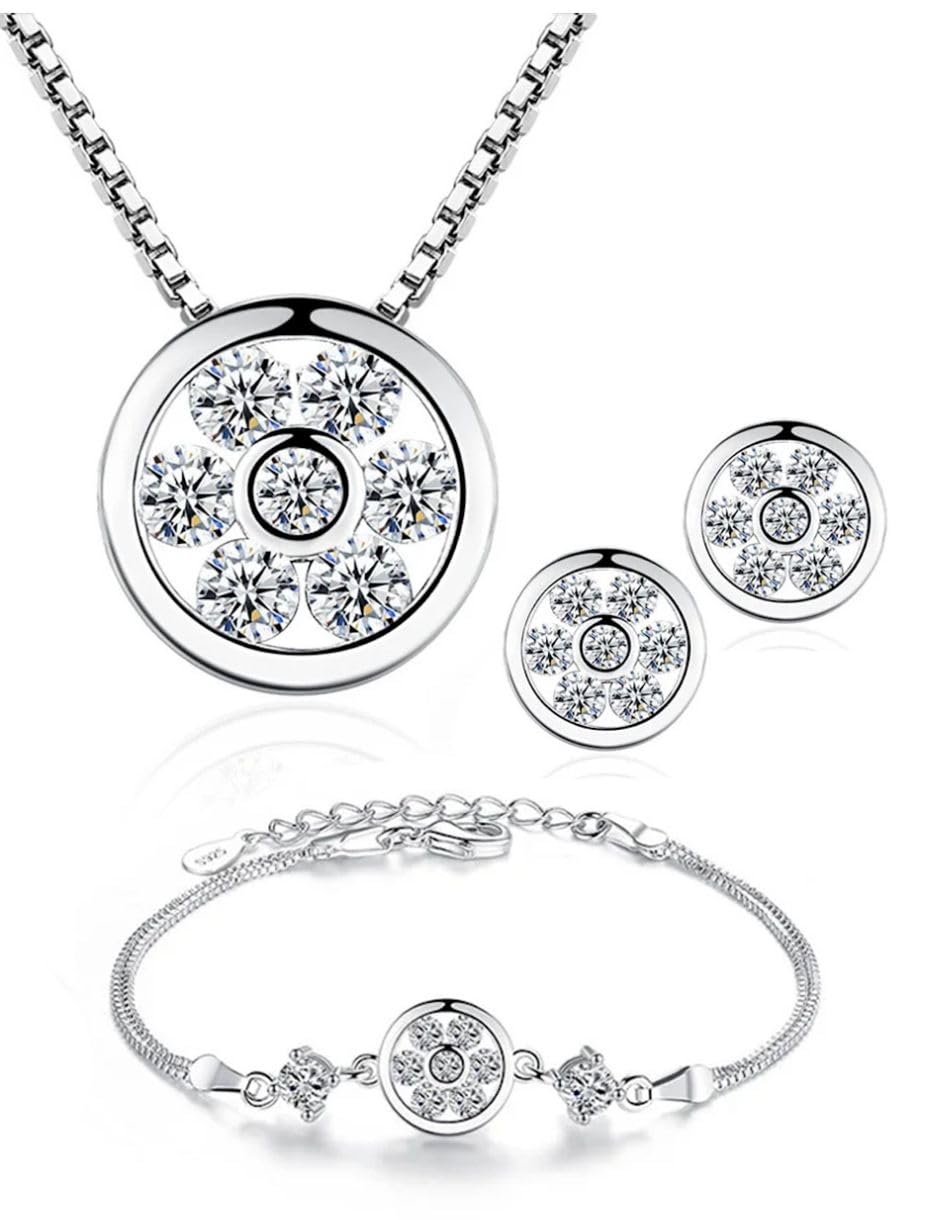 Crystalina Juego de Joyas de Plata 925 para Mujer, Conjunto de Collar Pendientes y Pulsera con Circonitas, Conjunto joyas de plata para Mujer, Regalos Originales para Mujer