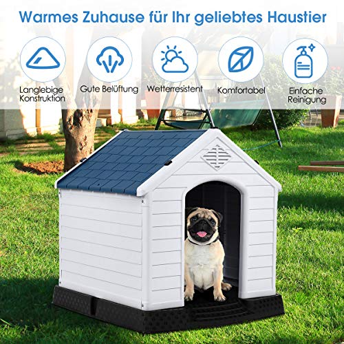GYMAX Outdoor Hundehütte mit Schrägdach & erhöhtem Boden, Hundehaus aus Kunststoff, Wetterfeste Hundehöhle im Landhausstil (Weiß + Blau, 72,5 x 66 x 70,5 cm)