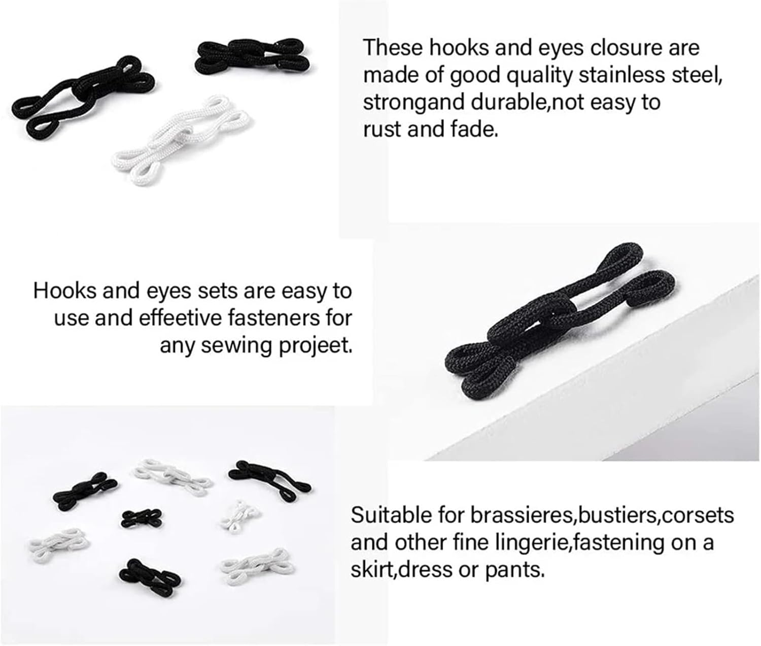 Sew On Hook and Eye 50 Pcs Sewing Hook and Eye Closure Fasteners for Fur Coat Jacket Cape Stole Bracelet(White,37mm)