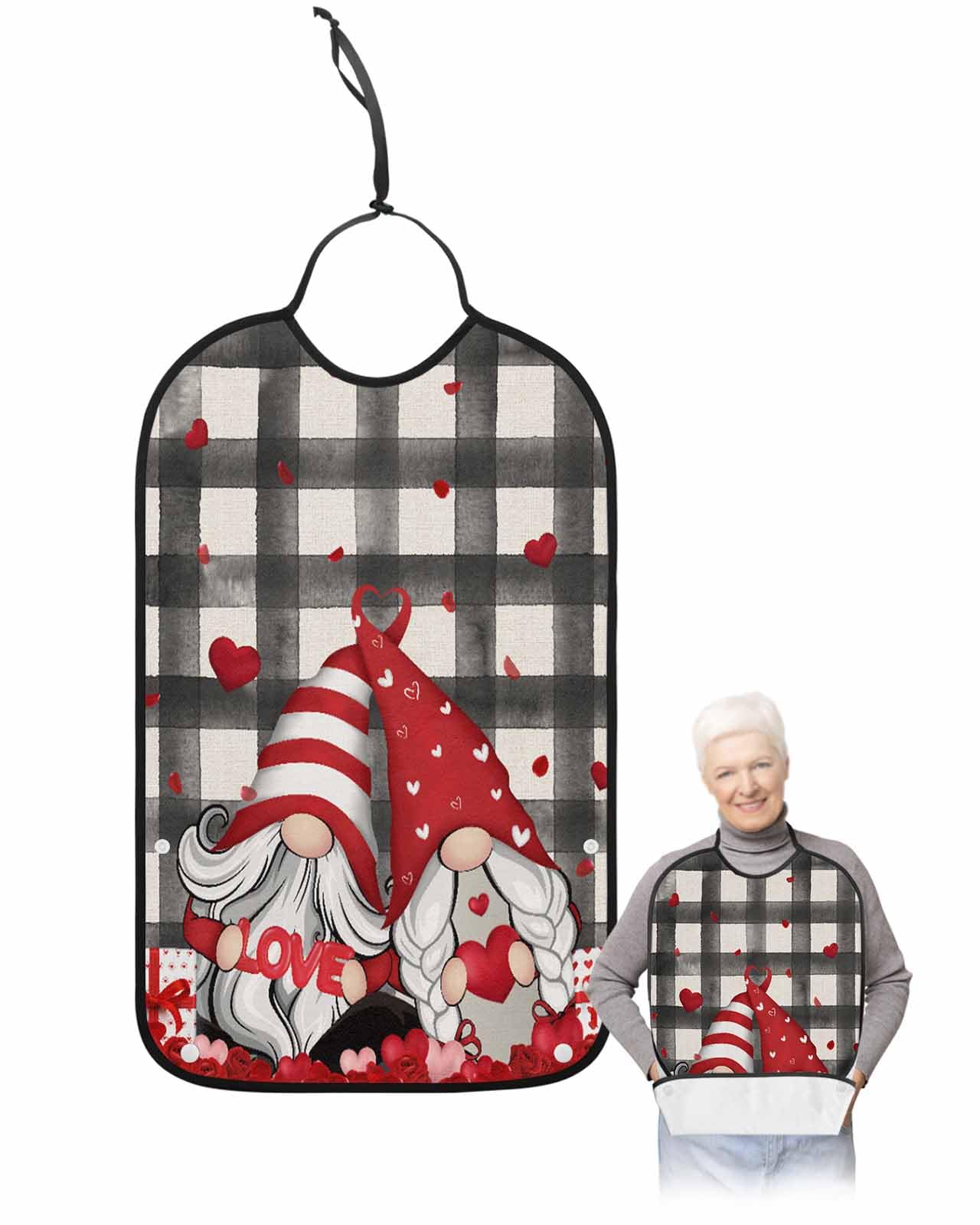 LEOKOTI Valentines Gnomes Adult Bibs for Eating, Waterproof Bibs with Food Catcher & Adjustable Snap Closure, Red Love Heart Watercolor Black Plaid Washable Clothing Protectors Adult Bibs for Elderly