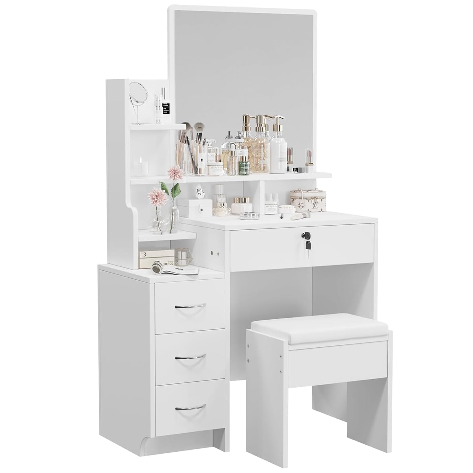 Dripex White Dressing Table with Large Wide Mirror & Soft Stool, Vanity Desk Set with Open Storage Shelves, 4 Wooden Drawers, Makeup Desk, Spacious Storage — image 1