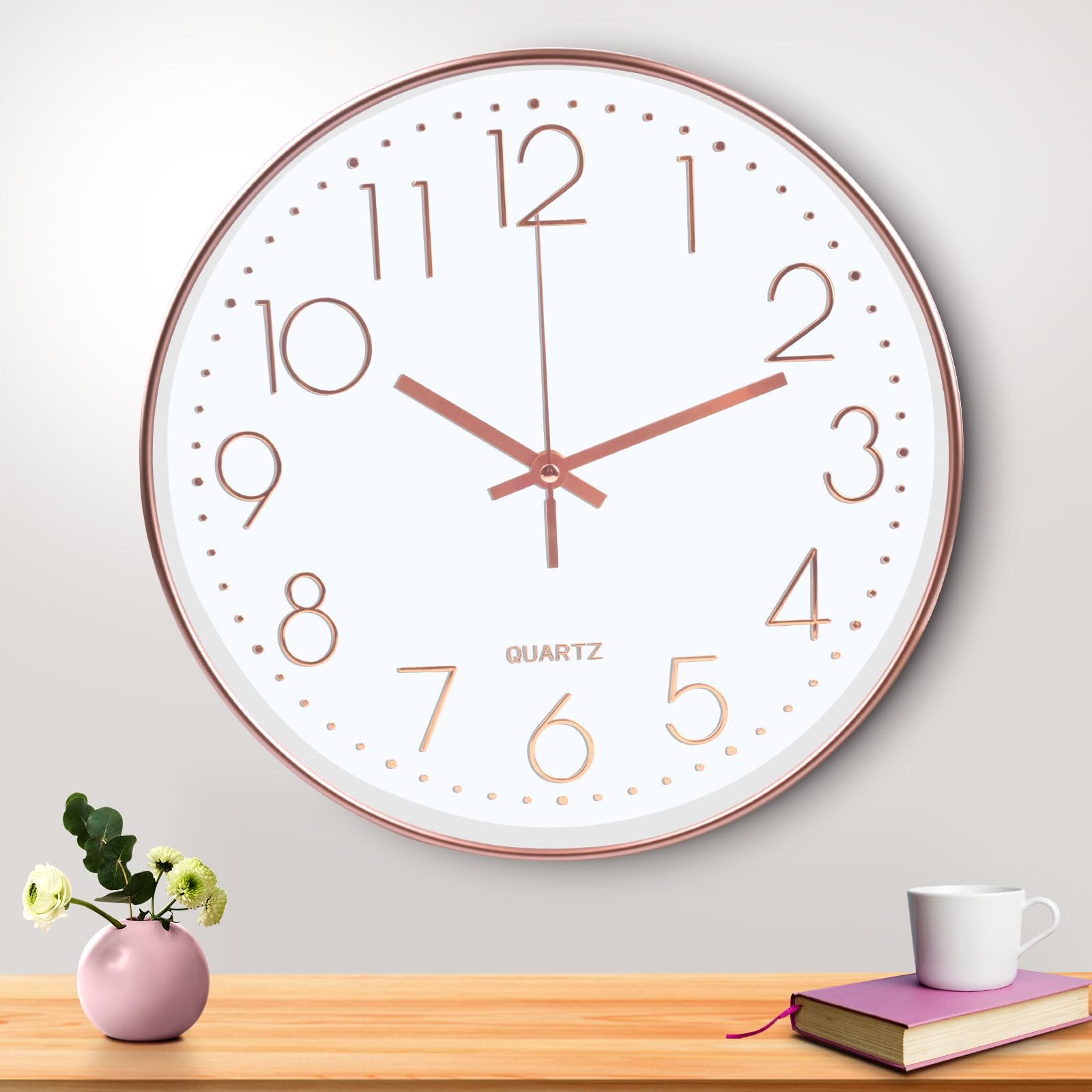 Reloj de Pared Moderno, 30 cm Oro Rosa, Movimiento de Cuarzo Silencioso, Decorativo Redondo para la Cocina, el Salón