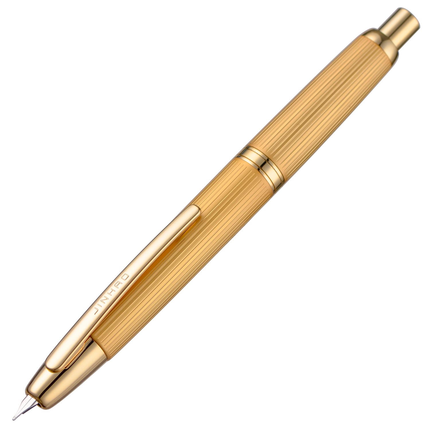 Jinhao 10 Press Fountain Pen with Box, Brushed Matt Gold Retractable Fine Nib with Converter Set (Golden Clip)