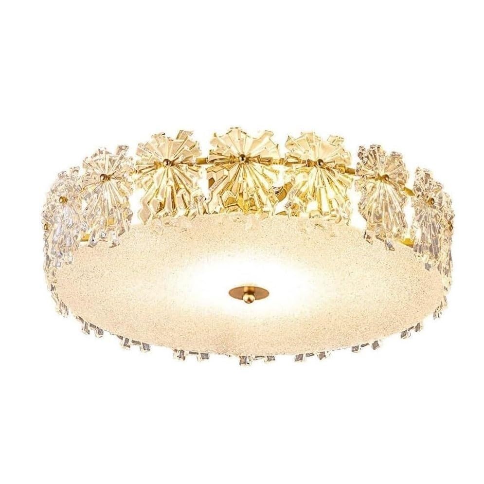 Plafonnier en cristal doré et verre dépoli d'exception pour salle à manger