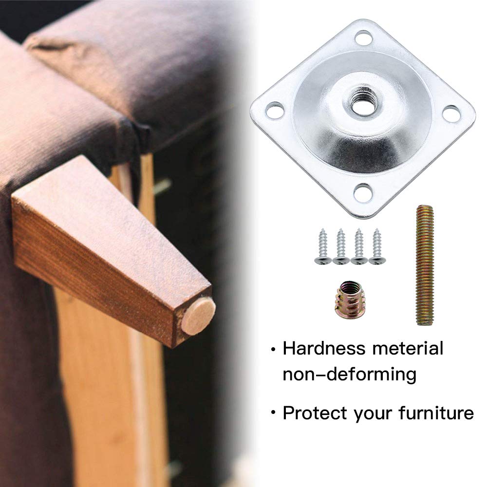 4 Sets Furniture Leg Mounting Plates With M8 Hanger Bolts - 2x2 Inch Iron T-Plates For Sofa & Couch Legs