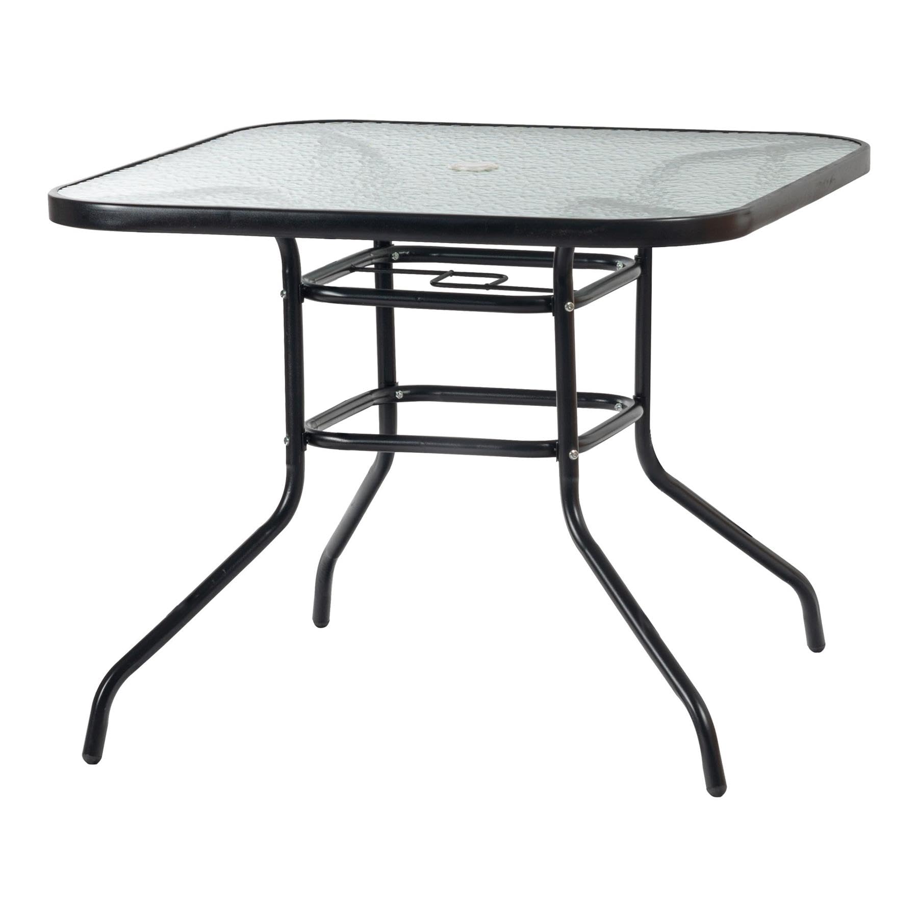 Harbour Housewares Square Glass Top Garden Table - 90x90cm, Powder-Coated Metal Frame, Tempered Textured Glass, Parasol Hole, Lightweight Patio & Balcony Table