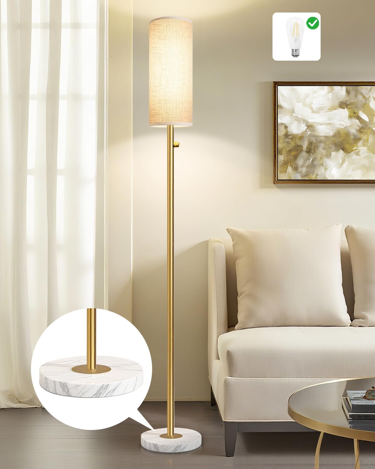 Gold Floor Lamps for Living Room–LED Bulb Included,Dimmable Floor Lamp with Linen Shade,Modern Standing Lamp with Marble Base,Tall Floor Lamp for Bedroom,Nursery,Reading & Office