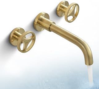 SKOWLL Bathroom Sink Faucet Wall Mount Two Handle Lavatory Vanity Vessel Faucet with 360 Swivel Spout and Rough in Valve Included, Brushed Gold