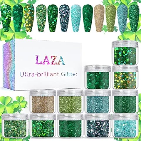 Laza St. Patrick's Day Nail Art Glitters 12 Colors Holographic Green Gold Fine Powder Chunky Clover Hexagon Sequins Confetti Nail Flakes for Nail Supplies Festival Craft Decoration - Verdant Cover