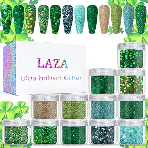 Laza St. Patrick's Day Nail Art Glitters 12 Colors Holographic Green Gold Fine Powder Chunky Clover Hexagon Sequins Confetti Nail Flakes For Nail Supplies Festival Craft Decoration - Verdant #TOP30