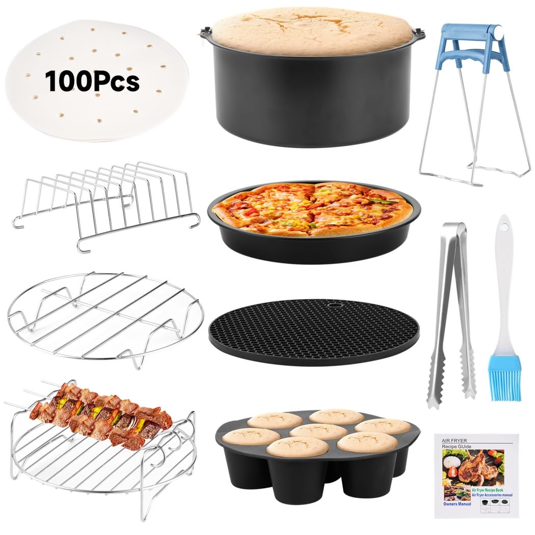 12 pièces d’accessoires pour friteuse à air 7 pouces, set universel 3,5 L à 4,1 L, moule à gâteau, plat à pizza, moule à cupcakes, grille à brochettes, grille à pain, recette et plus