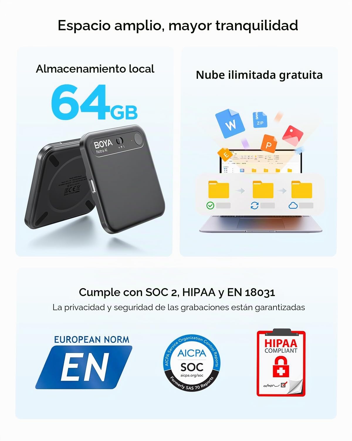 BOYA Notra - Grabadora de Voz AI, Captura de 3 Modos: Ambiente/Llamada telefónica/Bluetooth, transcripción de IA y Resumen Inteligente, Compatible con más de 140 Idiomas, Almacenamiento de 64 GB