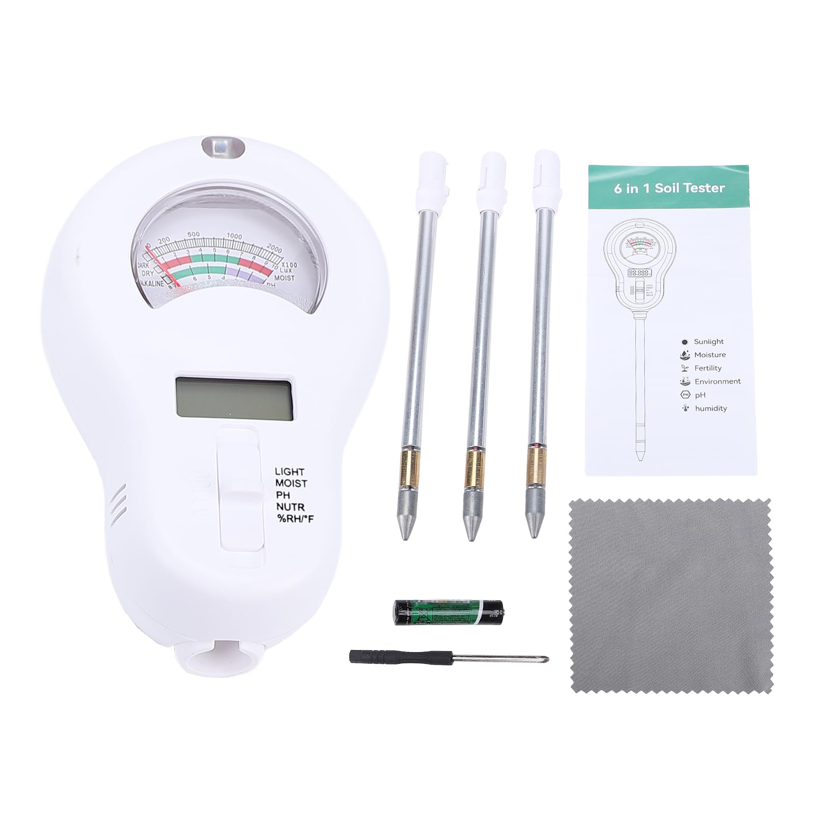 Generic 6 in 1 Soil Test Kit, Digital Soil PH Tester, Sunlight Intensity, Fertility, Temperature, Humidity Detector with Replaceable Probes for Garden, Farm, Home Plant Care, Data