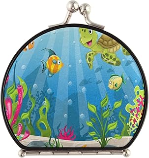 Underwater Blue Ocean Landscape with Sea Turtles and Fish Sea Plants Compact Makeup Mirror, Twin-Sided Cosmetic Mirror with 2 x 1x Magnification, Buckle Folding Mini Pocket Portable Hand Mirror