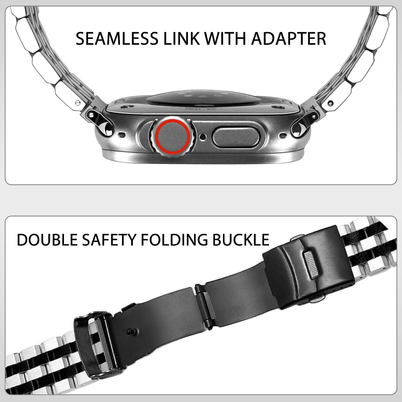 Juntan 5 Lines Silver Black Compatible for Apple Watch 38mm 40mm 41mm iWatch Series 7 6 SE 5 4 3 2 1 Sport Stainless Steel Watch Band Buckle Adapter - Image 2