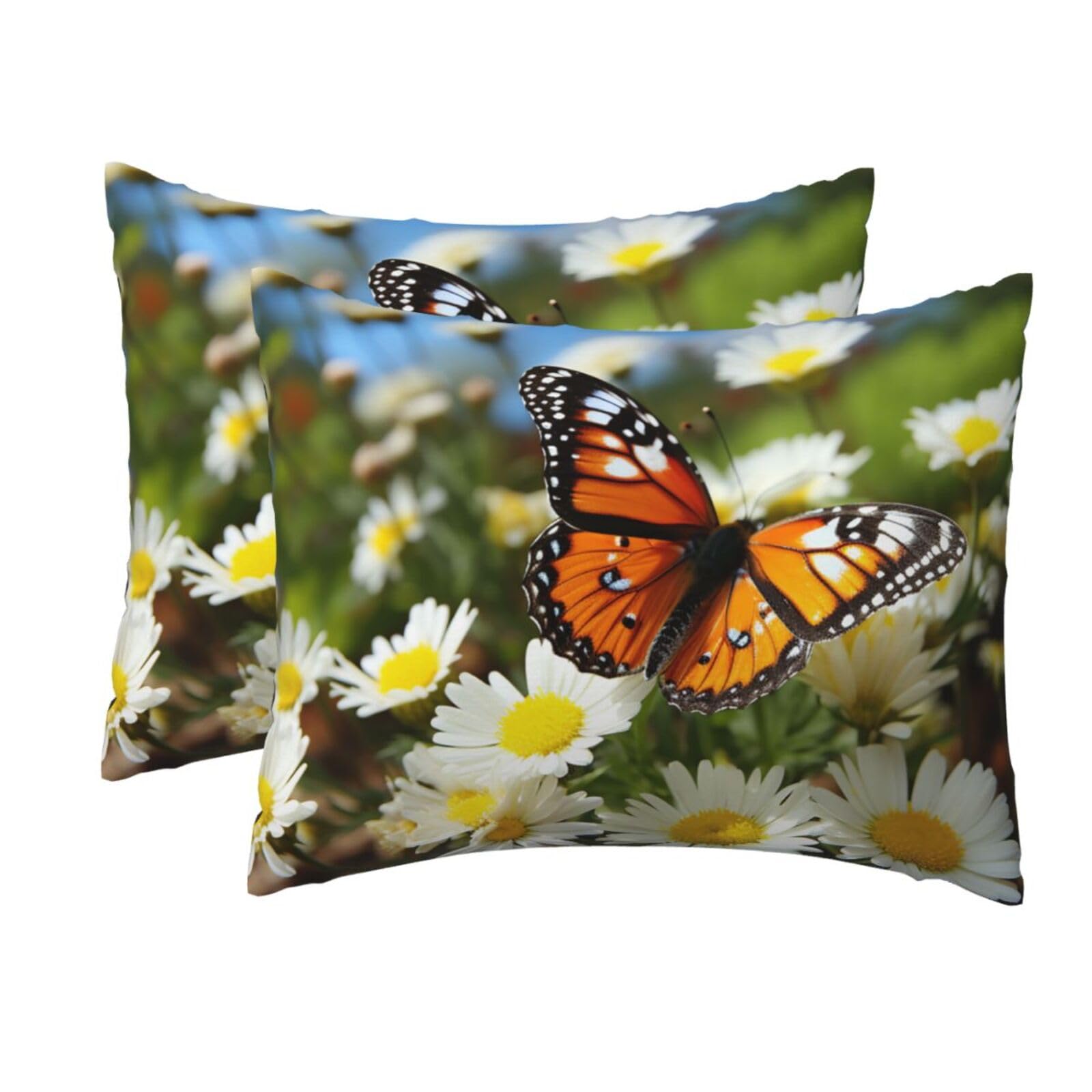 2 Pack Standard Pillow Cases with Hidden Zipper, Soft Breathable Pillow Covers for Hair and Skin, Butterfly on Daisy Flower Pillowcases 20"x26" Bed Pillow Protectors Cover for Sleeping Gifts