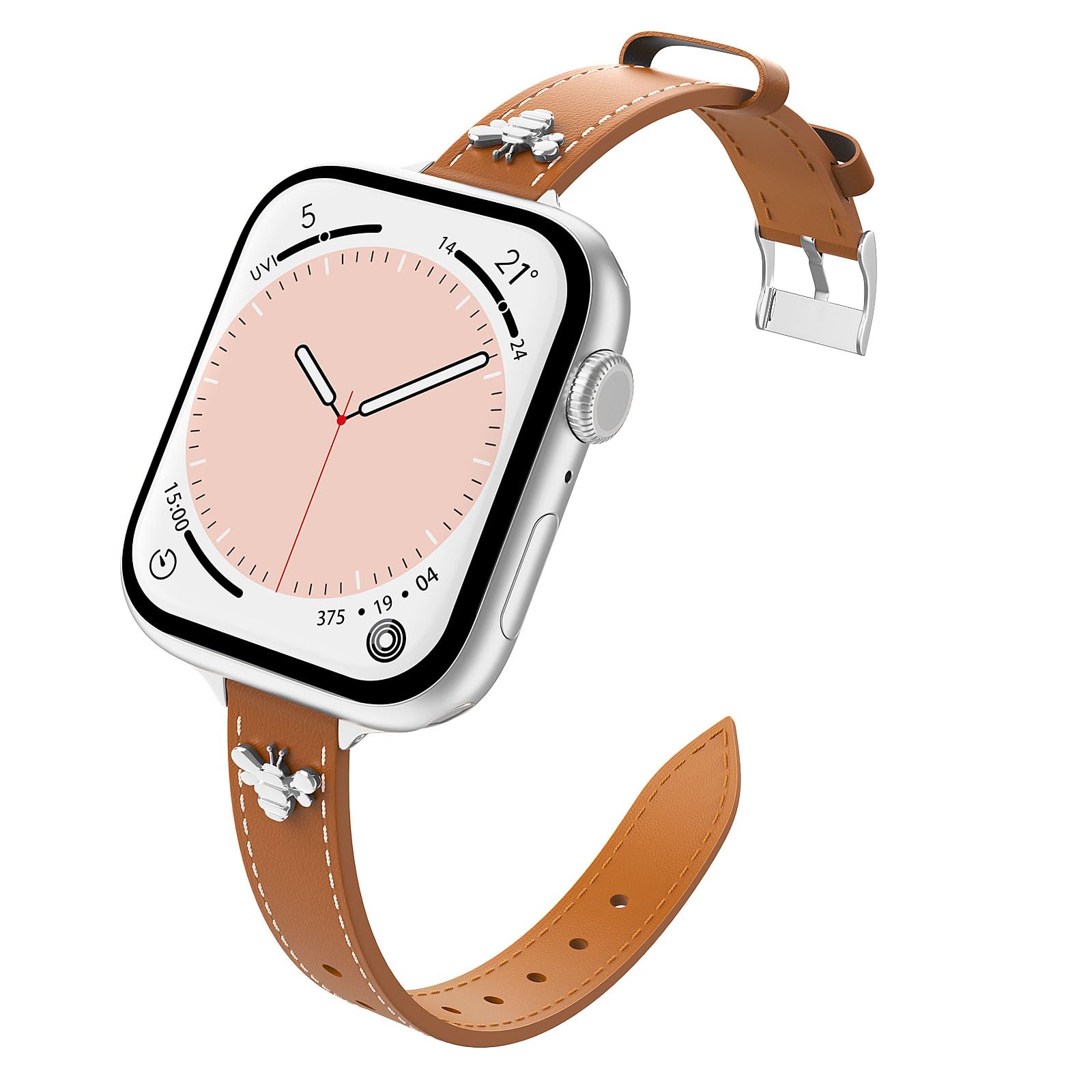 Astorgos Slim Leather Band Compatible with Apple Watch Ultra 2/Ultra 49mm,S10 46mm,9/8/7 45mm,SE2/SE/6/5/4 44mm,3/2/1 42mm,Full Genuine Leather Thin Band Replacement Strap for Women,Brown/Silver