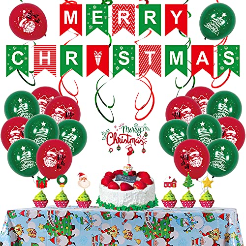 DXJ Weihnachten Ballons Kit, 29 Stück Weihnachtsfeier Dekoration Weihnachtsfeier Supplies Set mit Cake Topper, Christmas Hanging Merry Christmas Banner, Weihnachten Dekoration Tischdecke Cover