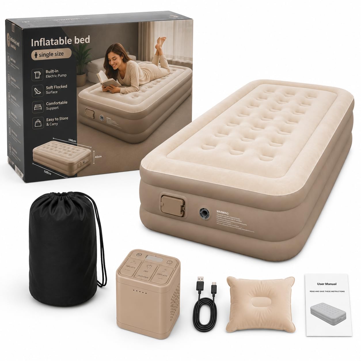 Hexon Inflatable Air Mattress with Built-in Electric Pump, Raised Waterproof Flocked Air Bed with Carry Bag, Portable Sleeping Bed for Travel Guests Camping Indoor Outdoor Use, Adult Single Size-image-41