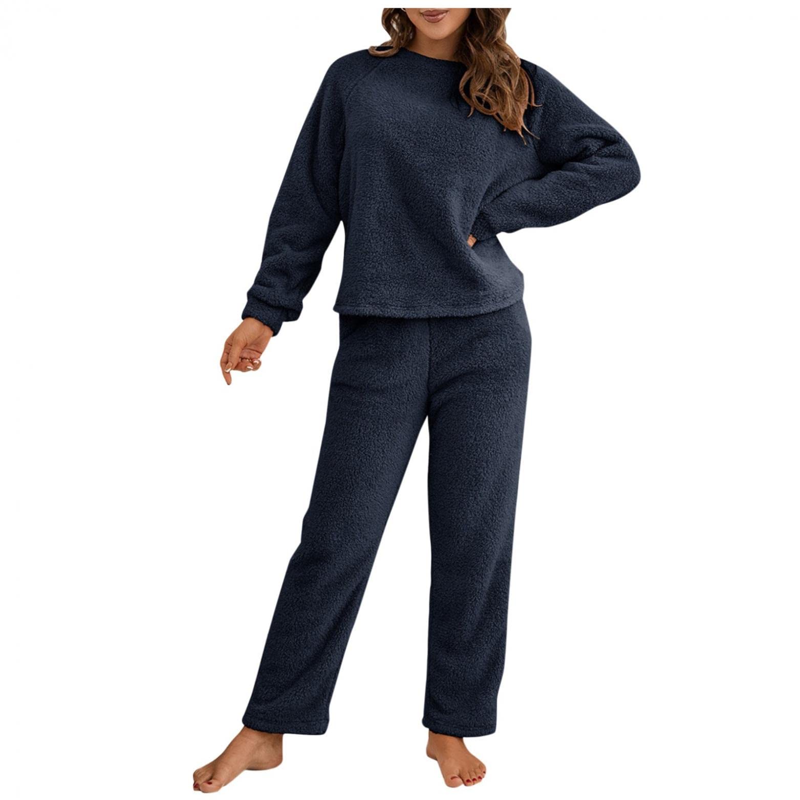 UIILO Pyjama voor dames, warme fleece winterpyjama, wollig, ronde hals, sweatshirt, bovenstuk, effen, pluche broek, pyjamaset, slaapkleding, tweedelig met zakken, warm pak voor de winter(Groen,M