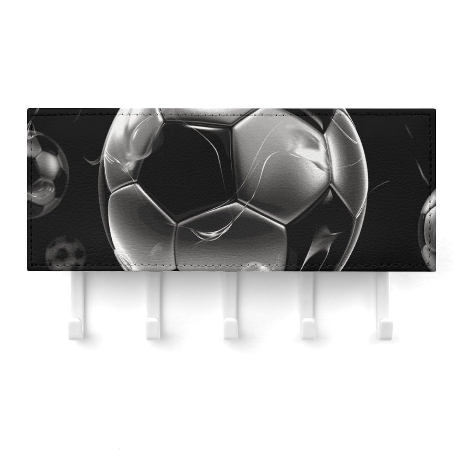 Fekiloot White Soccer Black Key Holder For Wall Adhesive, No Drilling, Key Hooks With 5 Hooks Wall Mounted, Self Adhesive Keys Rack For Entryway, Hallway, Living Room, Kitchen, Office