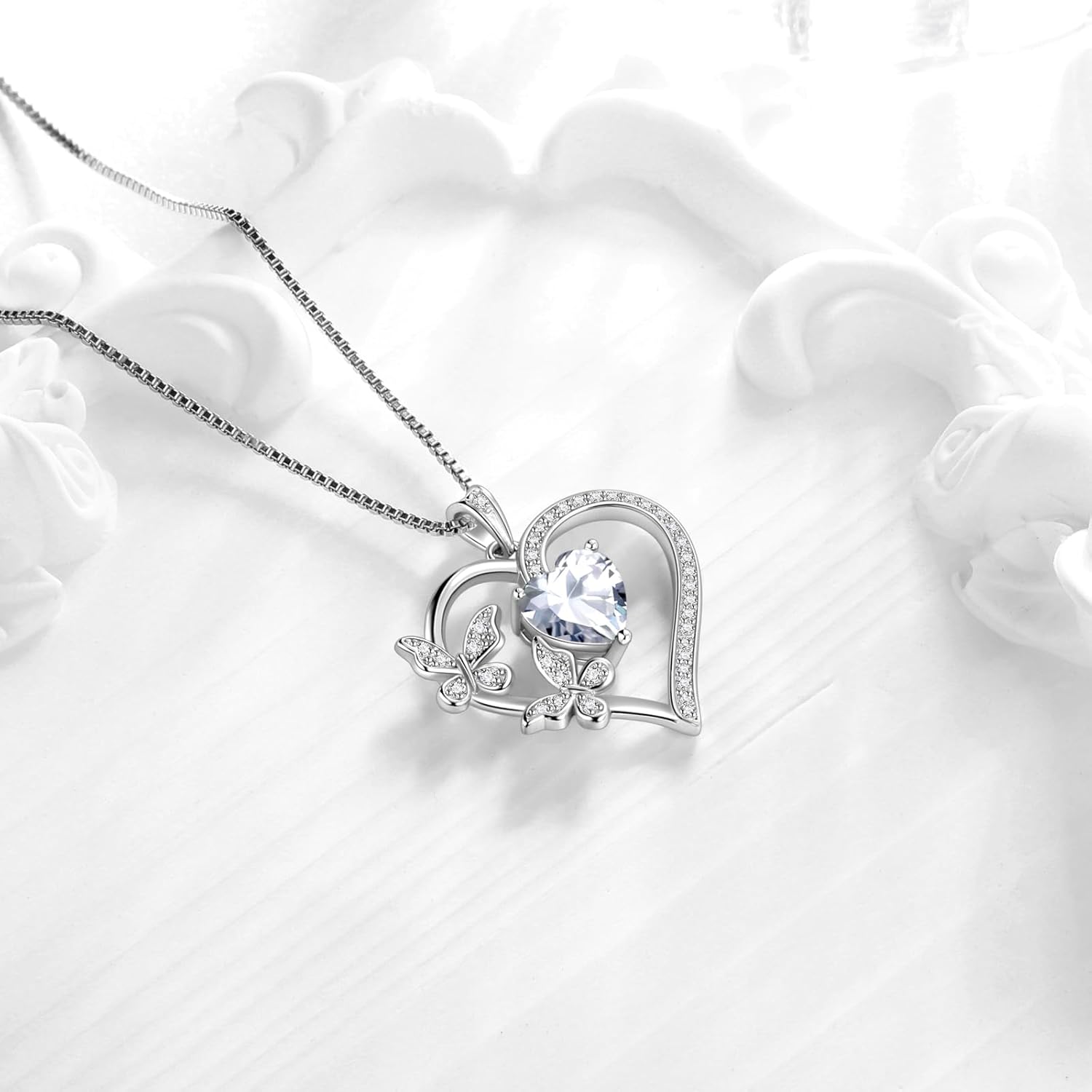 Aurora Tears Heart Butterfly Pendant Necklace - 925 Sterling Silver Birthstone Heart Crystal Necklace Gifts for Women Jewelry Mothers Day Valentines Birthday Gifts for Girls - Image 3