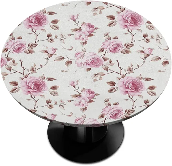Kolabimo Round Fitted Tablecloth Elastic Edge Table Cover for 36'' - 42'' Tables, Waterproof Wipeable Table Cloth for Dining, Camping, Outdoor, Indoor (Floral Rose)