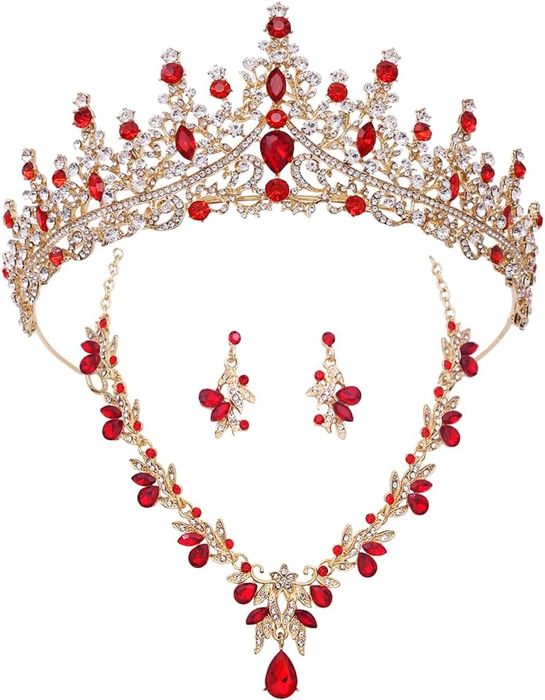 Women Tiaras and Crowns Bridal Jewelry Set with Rhinestones, Gold Plated Floral Necklace Tiara and Earrings, Wedding Birthday Party Accessories