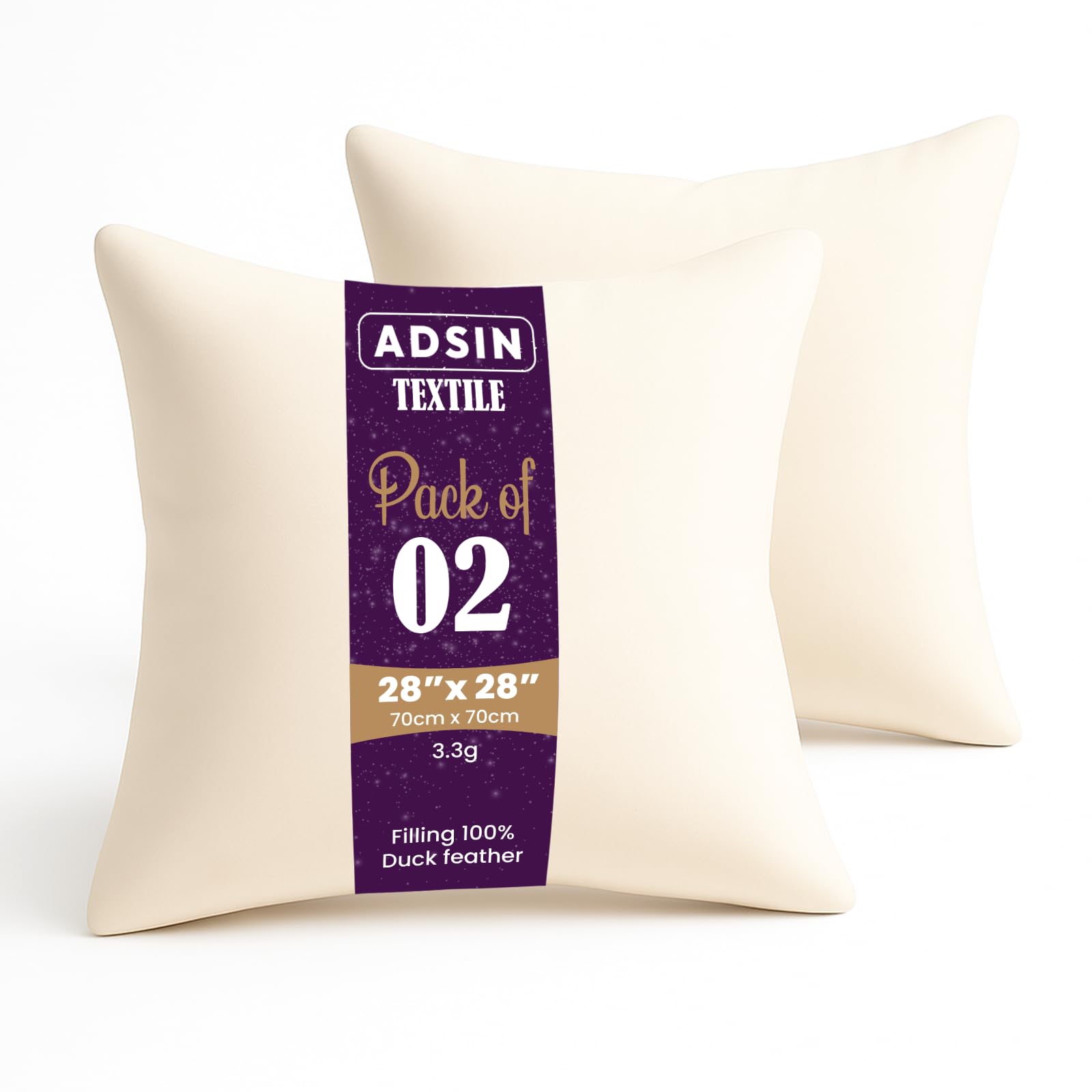adsin White Duck Feather Cushion Inserts 2 Pack 28" x 28" (70cm x 70cm), Feather Cushions, 100% Down Proof Cotton Cover, Machine Washable Square Cushion - Pack of 2